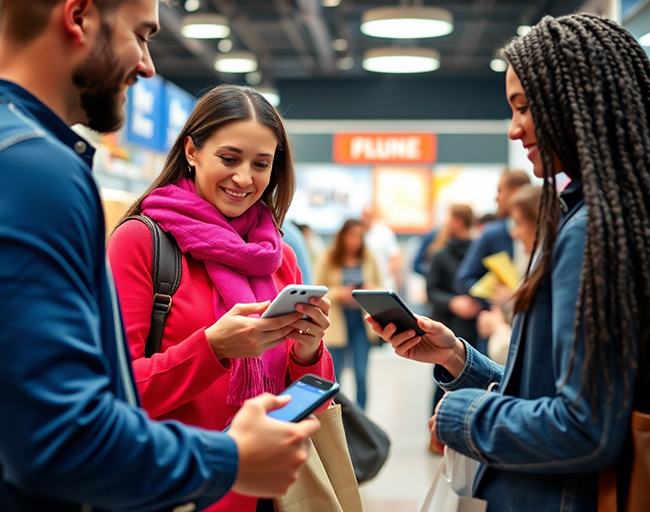 happy customers shopping and engaging with loyalty rewards on mobile phones, lifestyle photography, bright modern retail environment, diverse group of people