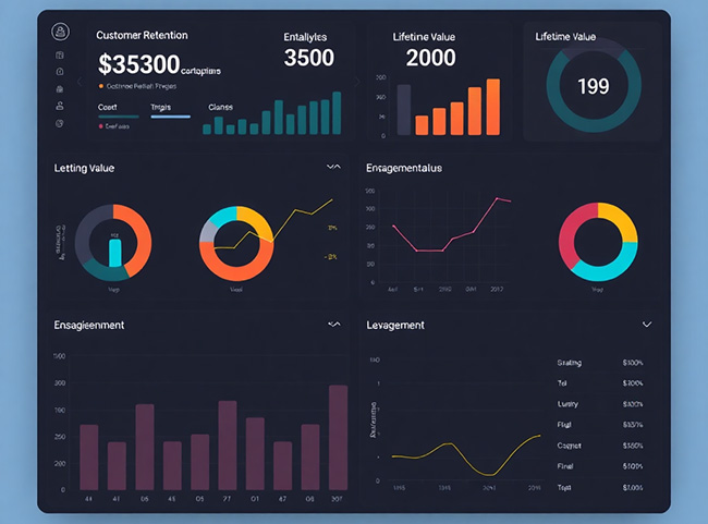 customer retention analytics dashboard showing loyalty metrics, lifetime value charts, engagement statistics, modern business interface design