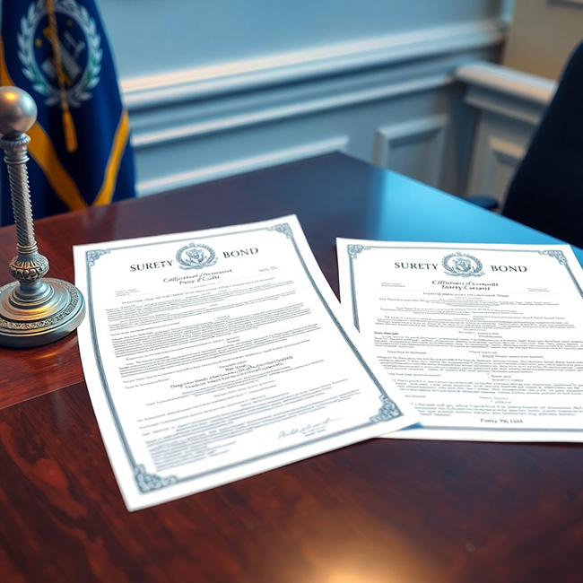 Official government documents and surety bond certificates on desk, professional legal environment, blue tones