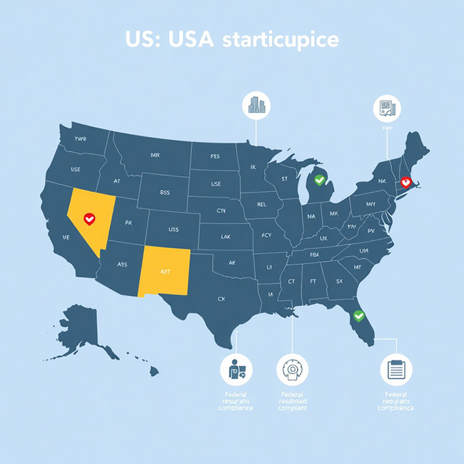 US map with state compliance checkmarks and federal regulations icons, modern infographic style, professional design