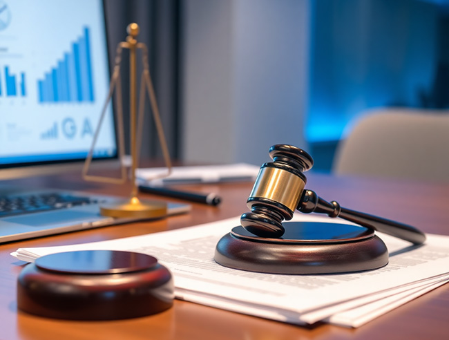 Professional legal documents and gavel on modern desk with digital interface, clean corporate photography, blue accent lighting