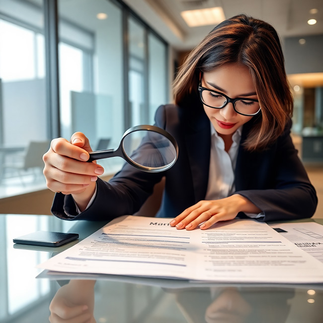 Legal professional reviewing official sweepstakes documents with magnifying glass, modern office setting, professional photography