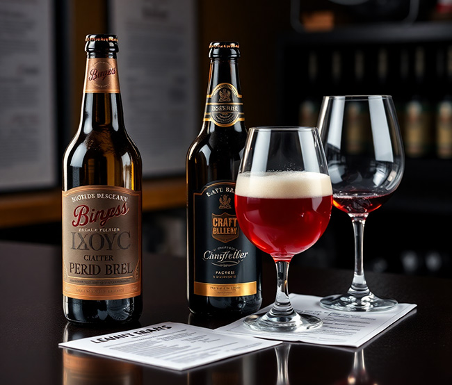 Premium craft beer bottles and wine glasses with legal compliance documents, upscale product photography, professional lighting
