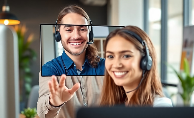 Customer service representative on video call with happy winner, modern office setup, professional friendly atmosphere