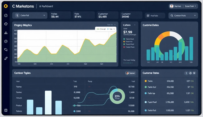 modern analytics dashboard with charts and graphs showing campaign performance metrics, clean interface, data visualization