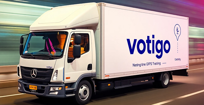 Modern white delivery truck with Votigo branding on highway, packages visible through window, real-time GPS tracking display overlay, professional commercial photography, blue and pink accent lighting, dynamic motion blur background