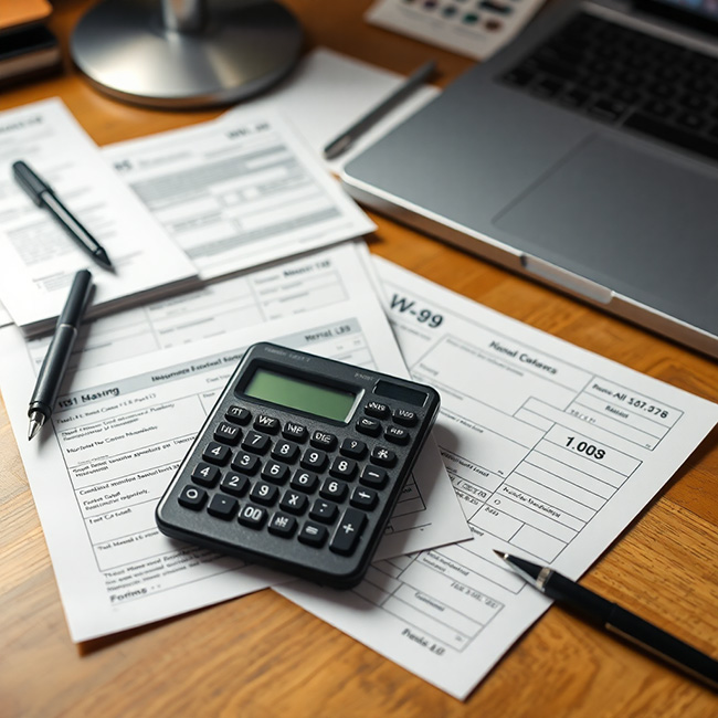 IRS W-9 tax forms with calculator and financial documents, professional business photography, organized desk setup, clean lighting