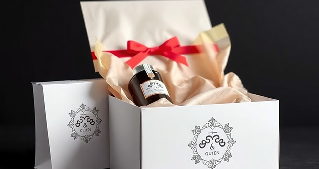 Premium branded gift box with tissue paper and custom packaging, professional product photography, elegant presentation