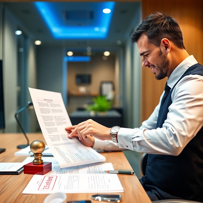Professional reviewing documents with red stamp marked alternate, modern office desk, corporate photography, blue accent lighting