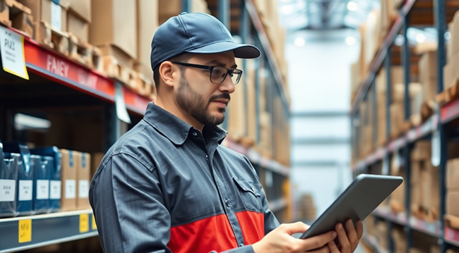 Warehouse worker checking inventory with tablet, organized prize packages on shelves, modern logistics facility, professional photography