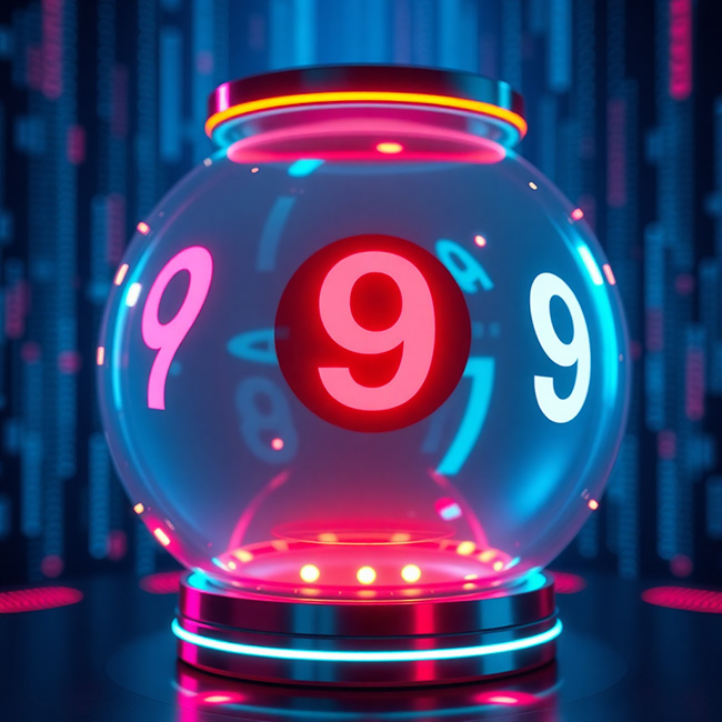 Digital lottery ball machine with glowing numbers and data streams, modern technology visualization, blue and pink lighting, professional render