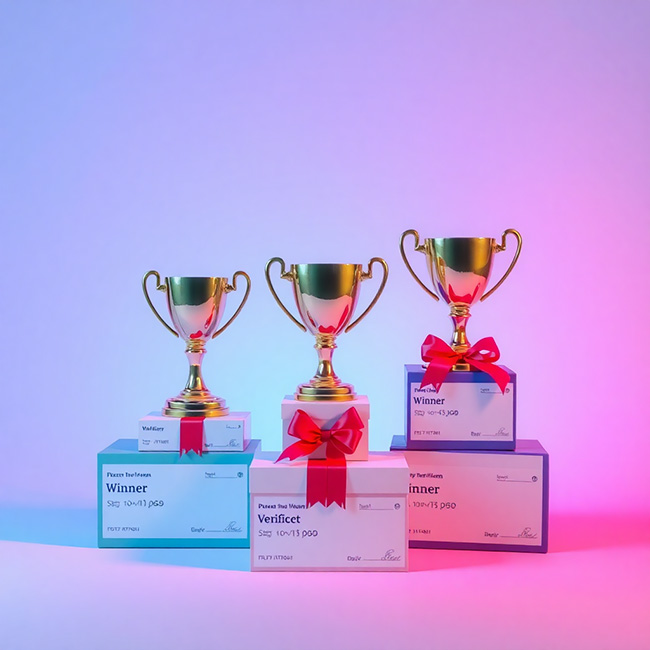 Trophy and gift boxes with checkmarks and ribbons, professional winner verification documents, modern corporate style, blue and pink gradient lighting, clean business photography