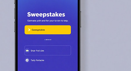 mobile app interface showing sweepstakes entry form with gamification elements, modern UI design, bright colors