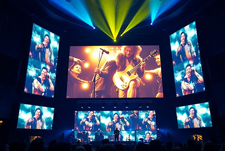 entertainment venue with digital displays showing user generated content gallery, concert atmosphere, dynamic lighting