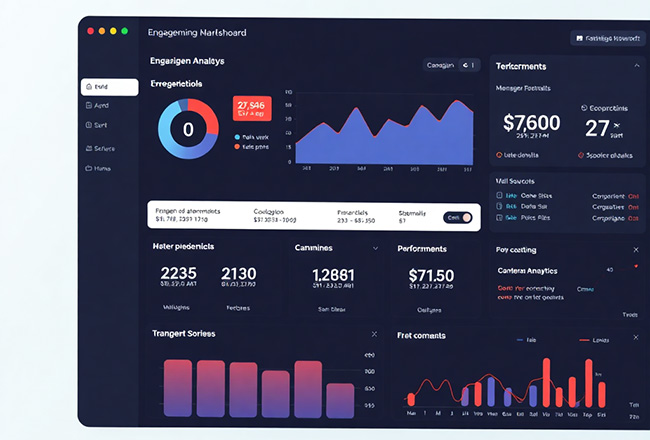 modern marketing dashboard showing engagement analytics, interactive campaign performance metrics, clean UI design, professional platform interface